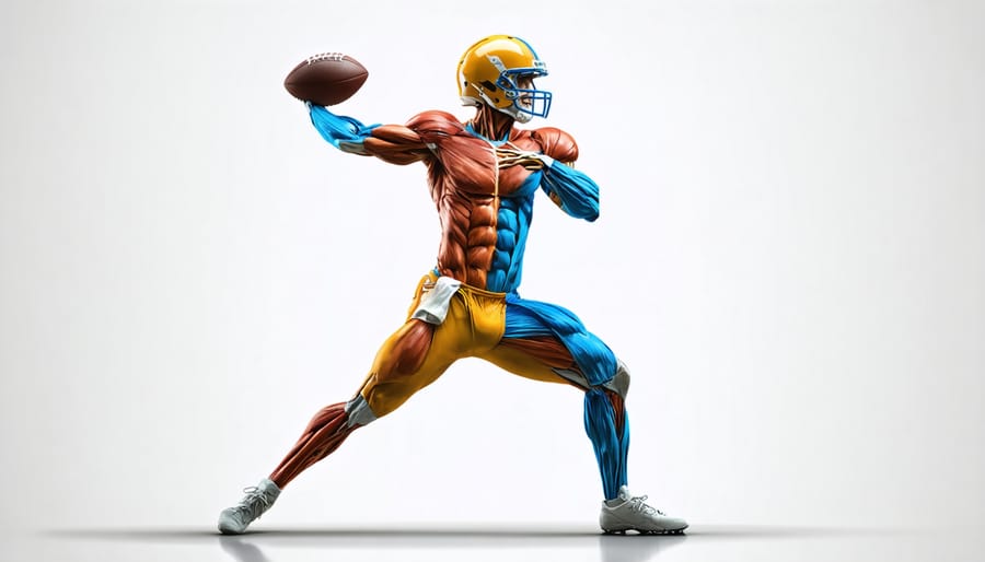 Scientific illustration of muscle activation patterns during quarterback throw