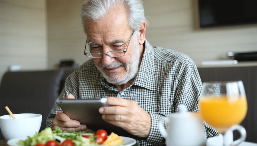 Elderly person using a brain training app while enjoying a nutritious lunch