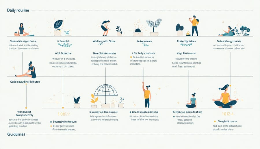 Visual timeline of daily wellness activities including exercise, meditation, social activities, and healthy meals
