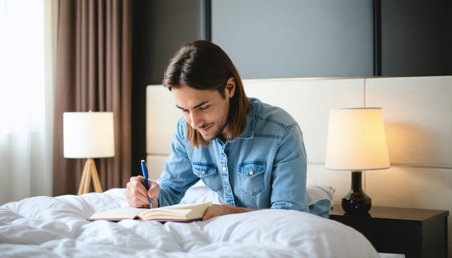Individual tracking sleep patterns in a journal before bedtime