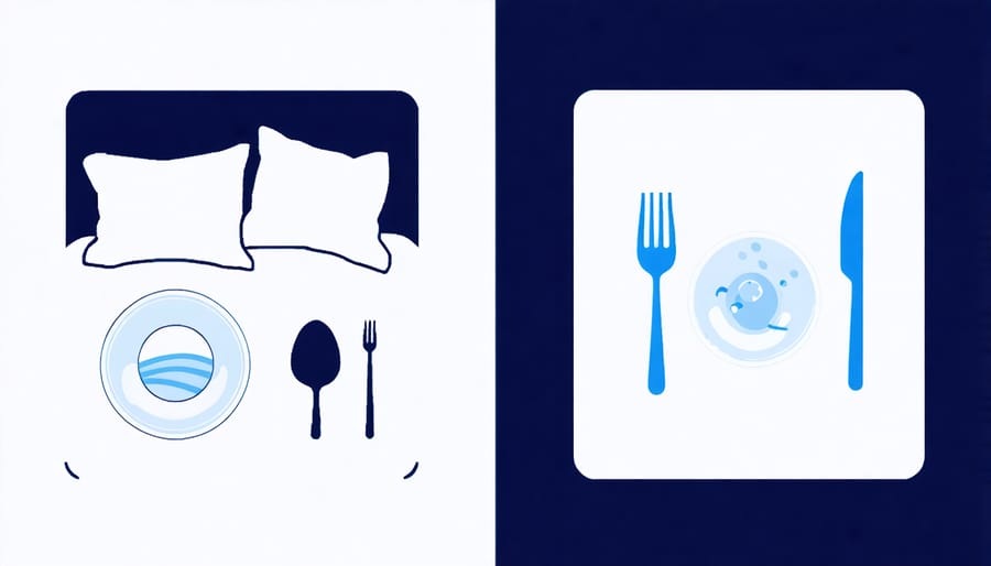 Composite image of peaceful bedroom setting and balanced healthy meal preparation