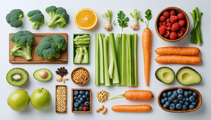 Arranged display of sleep-friendly foods including cherries, nuts, whole grains, and herbal tea
