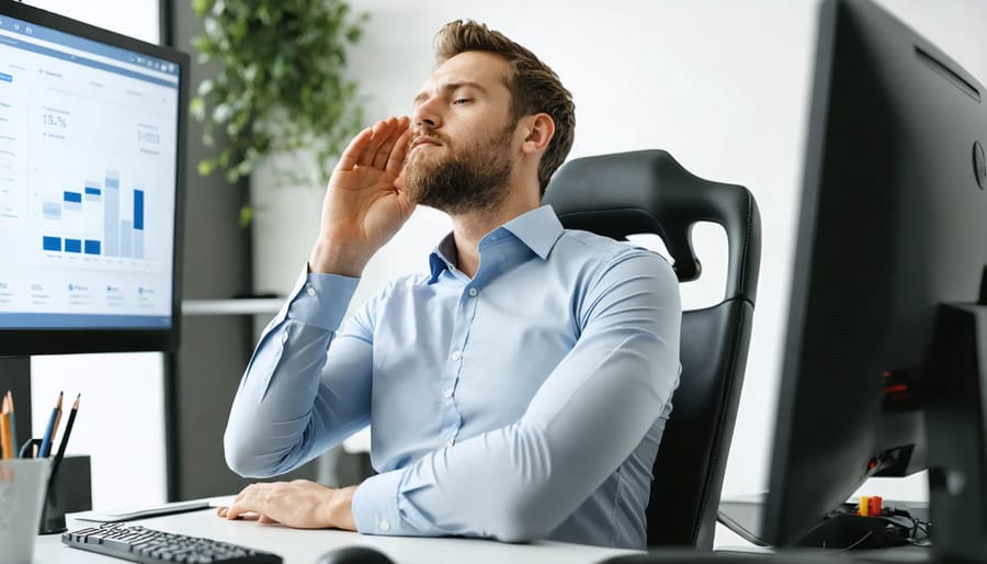 Businessman taking a mindful moment with eyes closed, practicing stress-relief breathing techniques
