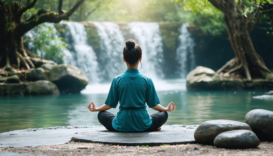 Individual sitting in meditation pose on yoga mat with soft lighting and peaceful surroundings