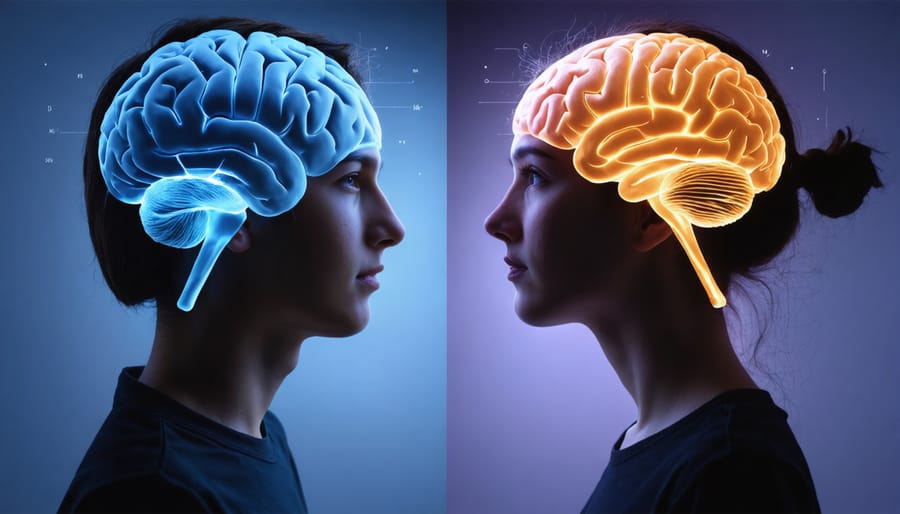 Medical illustration comparing sleep patterns in male and female adolescent brains
