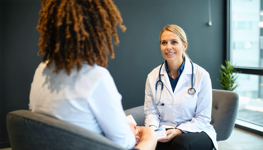 Therapist and client engaged in a counseling session in a welcoming therapy office