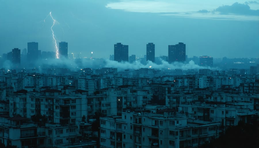 Cityscape showing common noise pollutants like traffic, construction, and emergency vehicles at night