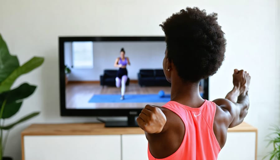 Woman in workout clothes following a virtual fitness instructor on her smart TV in her living room