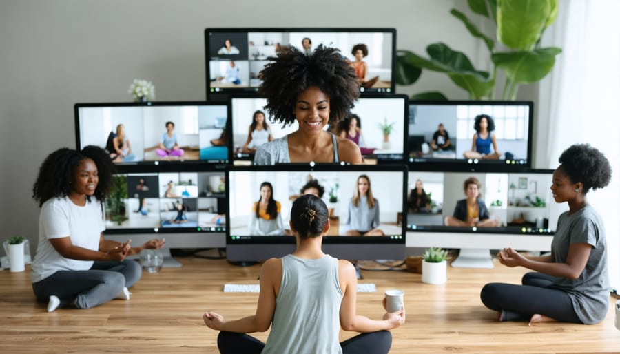 Diverse employees following a virtual yoga instructor on their laptops and tablets