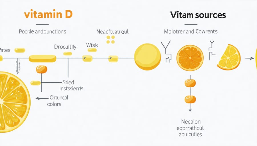 Visual diagram of vitamin D sources including sunlight, food, and supplements, and how it's processed in the body