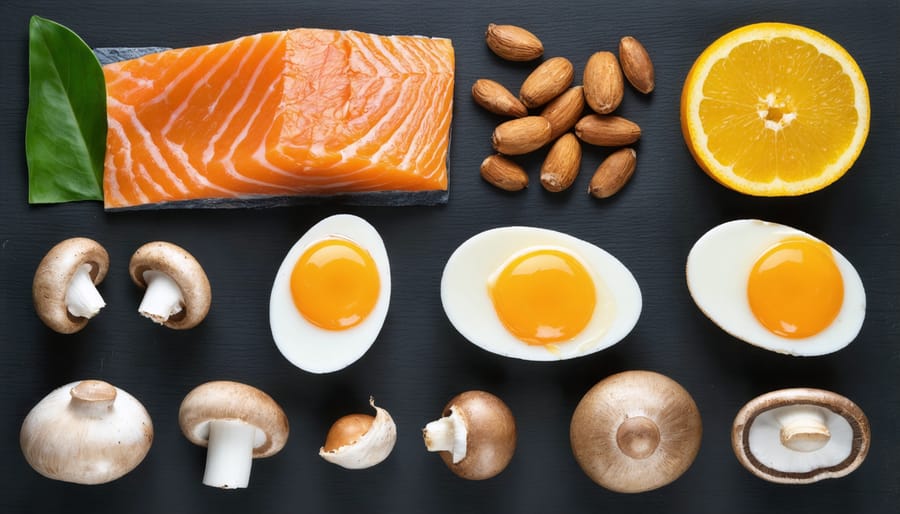 Various foods high in vitamin D arranged on a wooden table