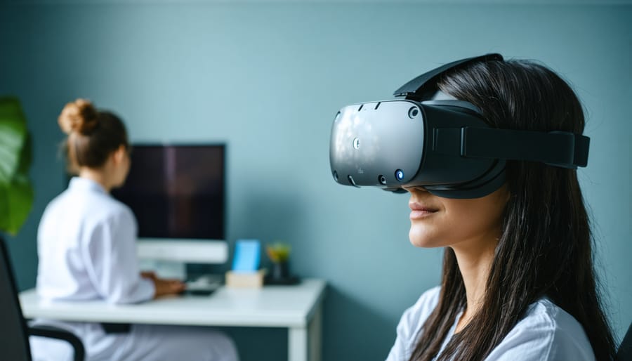 Patient undergoing virtual reality therapy session with a mental health professional