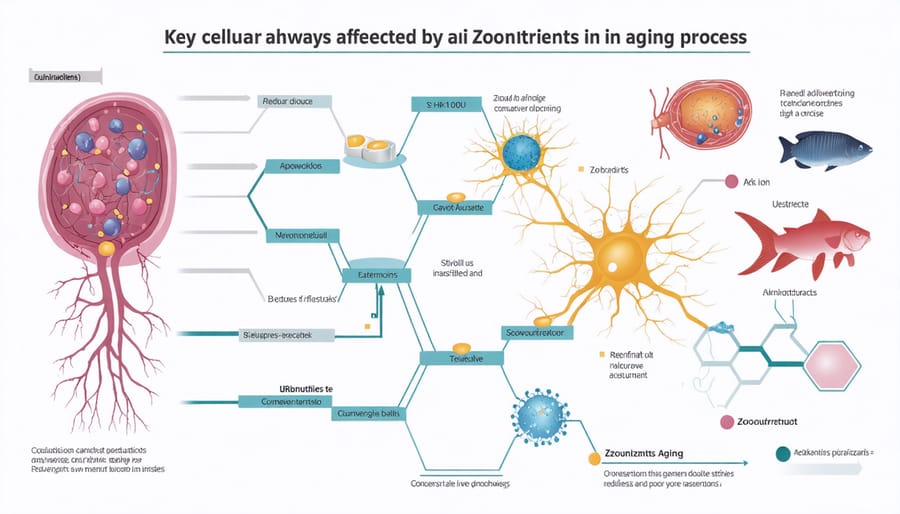 Illustration of cellular pathways and mechanisms showing how zoonutrients influence aging processes