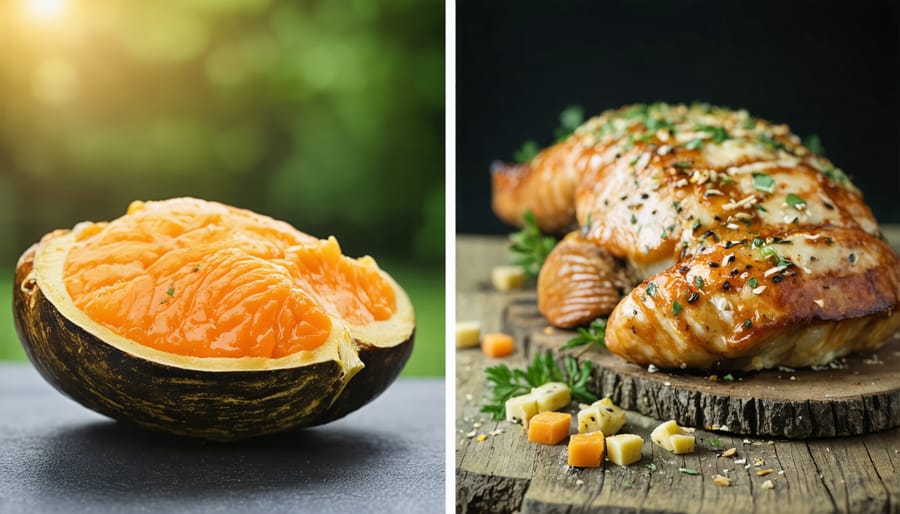 Side-by-side comparison showing optimal and suboptimal cooking methods for preserving zoonutrients in animal-based foods