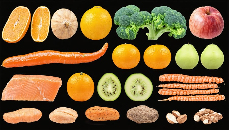 Arranged display of foods rich in zoonutrients including bone broth, organ meats, fish, and eggs