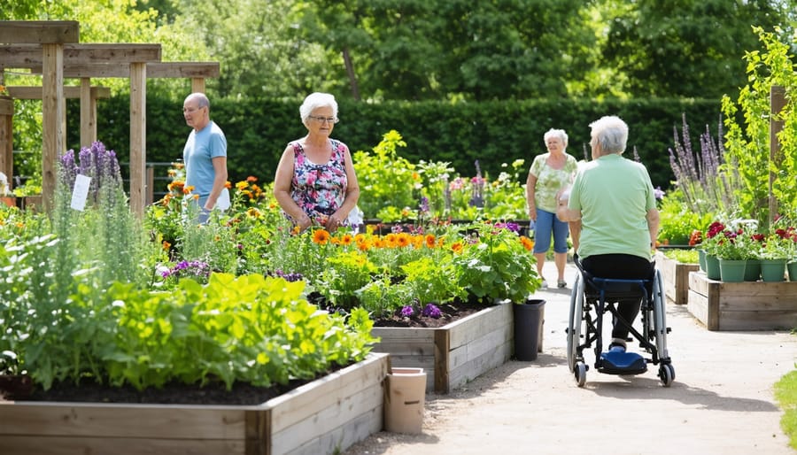 Multi-generational group participating in community gardening activities with wheelchair-accessible design