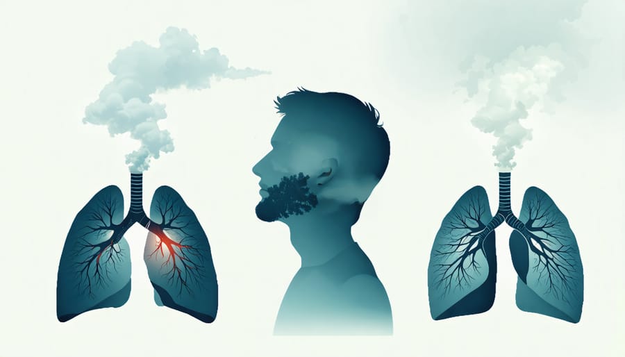 Cross-sectional diagram of human body highlighting respiratory and heart effects of air pollution