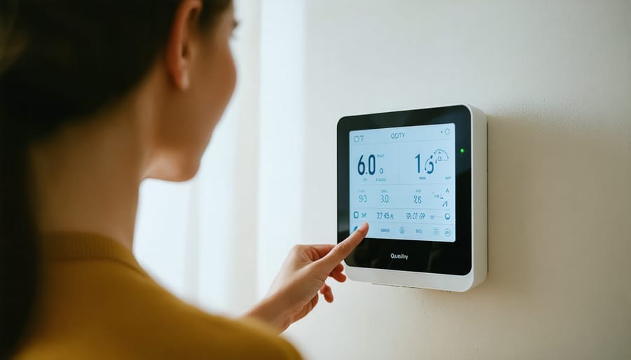 Individual checking indoor air quality levels using a digital air quality monitor