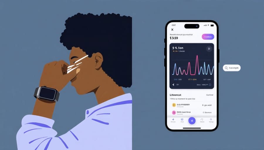 Person using anxiety wearable device with corresponding smartphone app showing real-time data