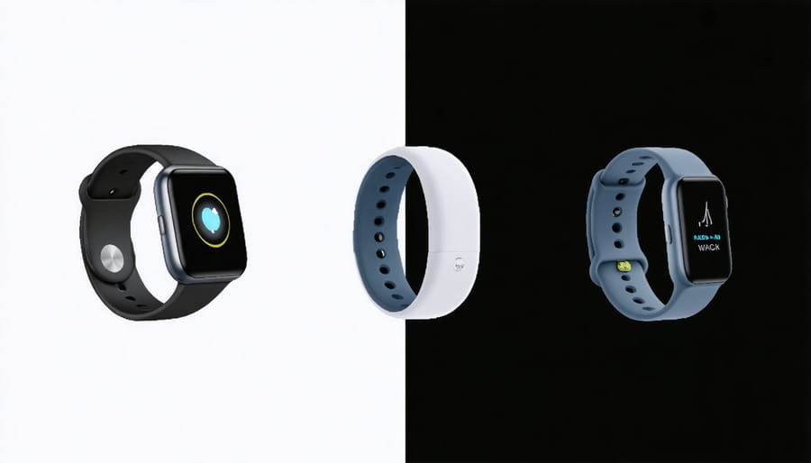 Various wearable technology devices designed for anxiety management laid out on a clean surface