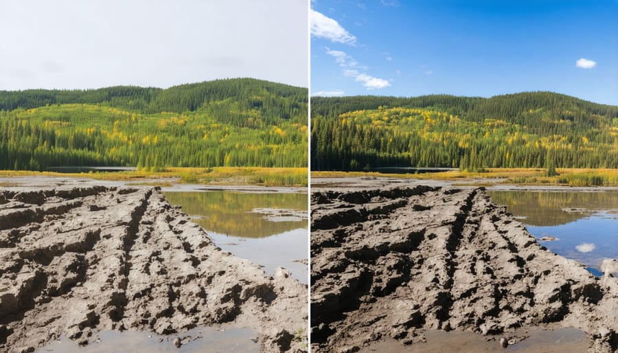 Split image showing the same Canadian forest location - healthy in the past versus damaged by climate effects in the present