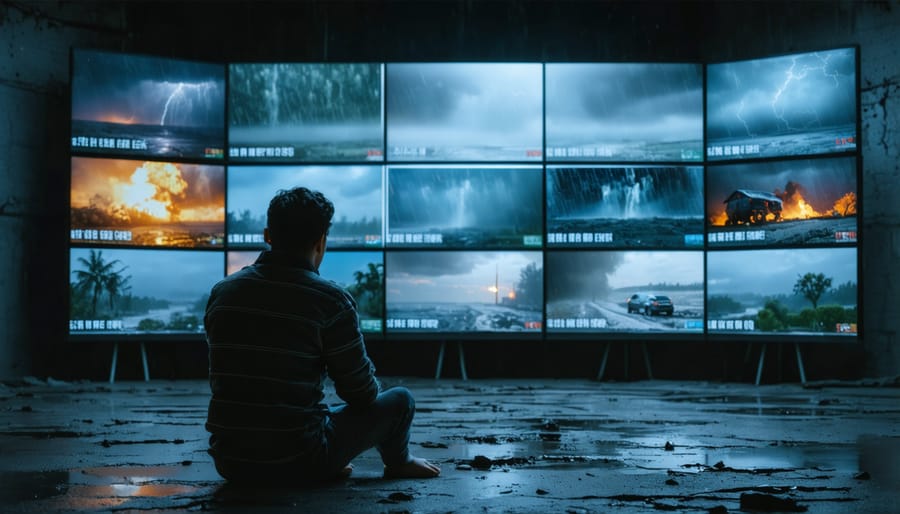 Individual experiencing climate anxiety while viewing multiple weather disaster news reports