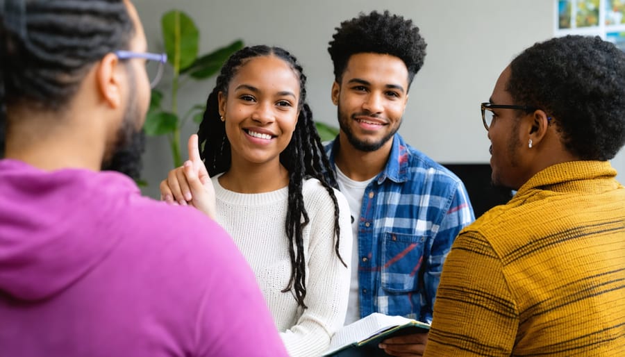 Multi-generational group engaged in a climate mental health support meeting