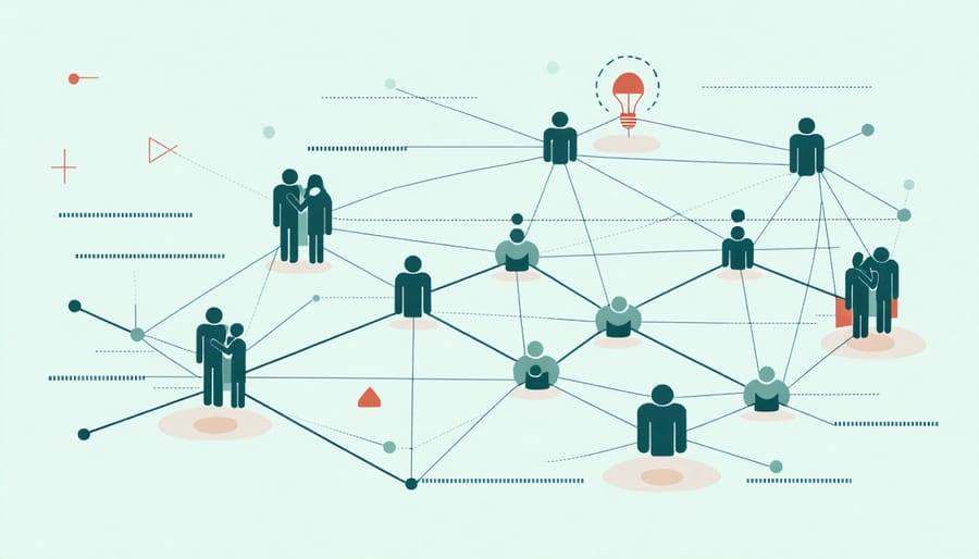 Visual diagram of community support networks including healthcare, education, and social services