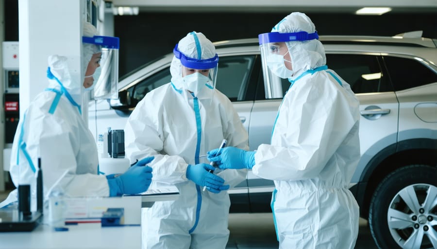 Healthcare workers in protective equipment performing COVID-19 testing at a drive-through assessment center
