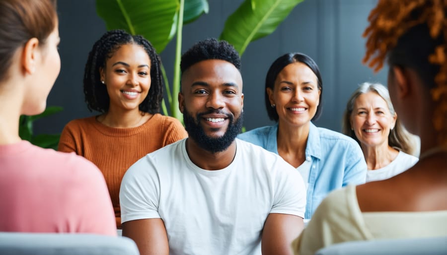 Mixed-gender group therapy session with participants from various cultural backgrounds