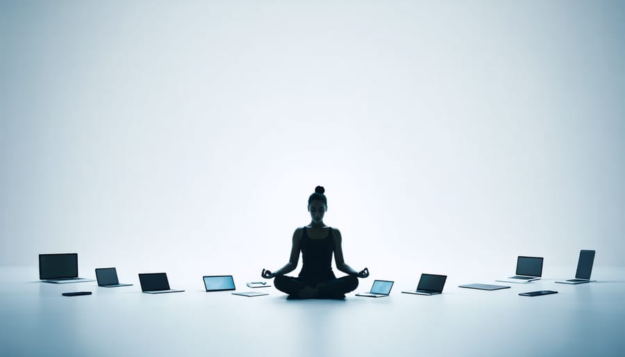 Person meditating peacefully with smartphones and tablets placed away from them