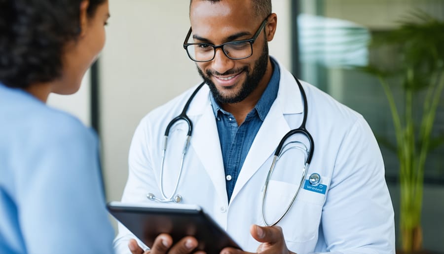 Healthcare provider showing digital health information to patient on tablet in modern medical office