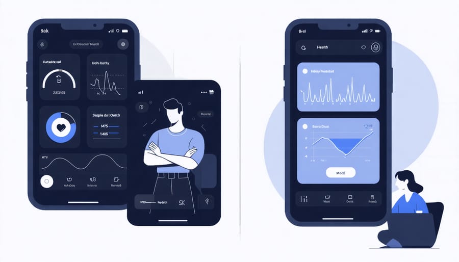 Person wearing health tracking devices with synchronized health data displayed on mobile app
