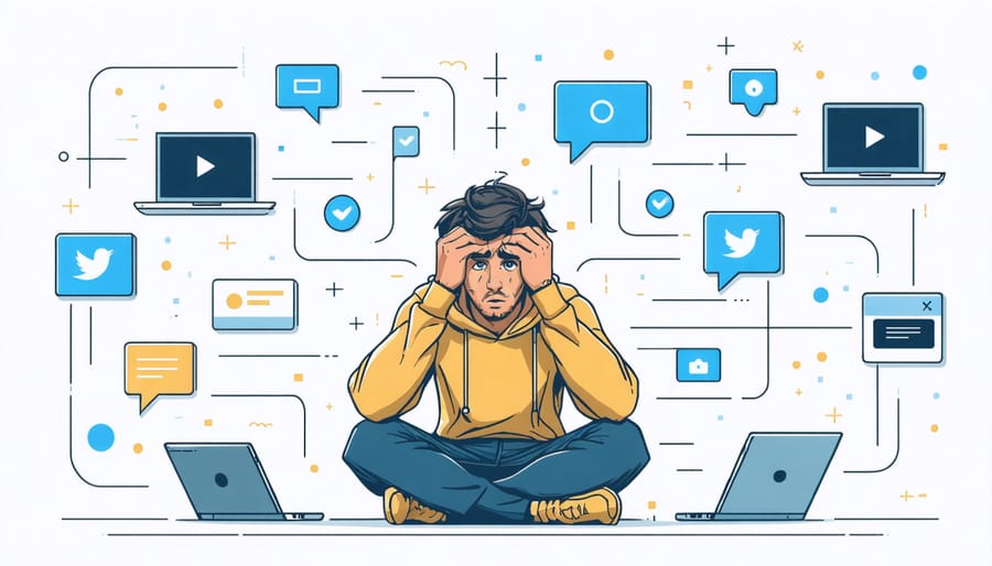 Individual experiencing digital overwhelm with multiple screens and notification symbols