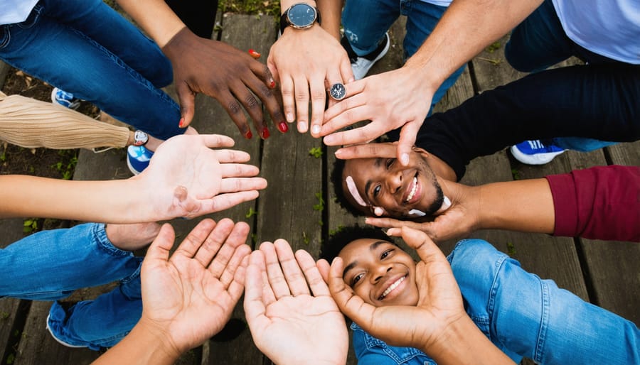 Diverse group of people holding hands in a circle, demonstrating unity and support