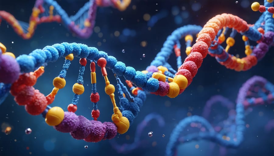3D illustration of DNA double helix interacting with pharmaceutical compounds