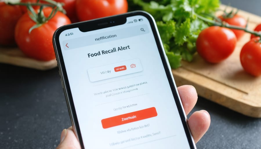Mobile phone screen showing a food recall alert notification and product details