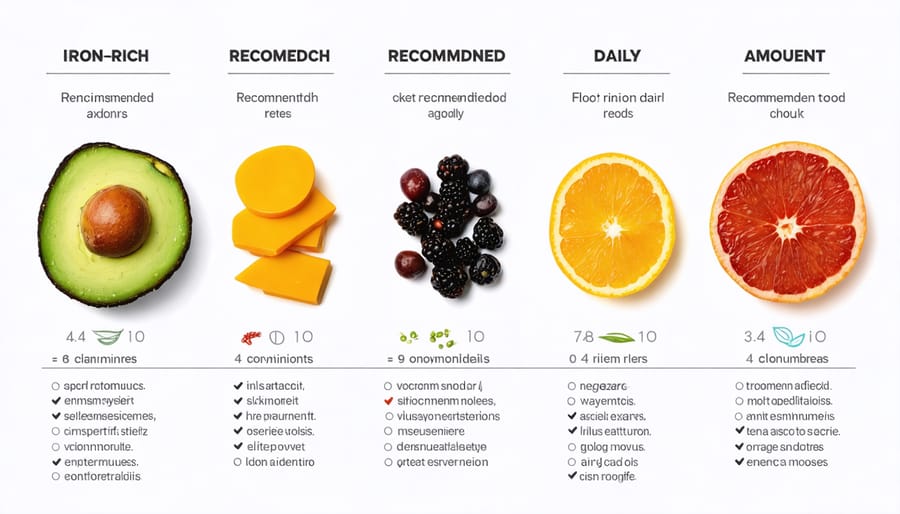 Visual comparison of iron requirements for men and women with food examples