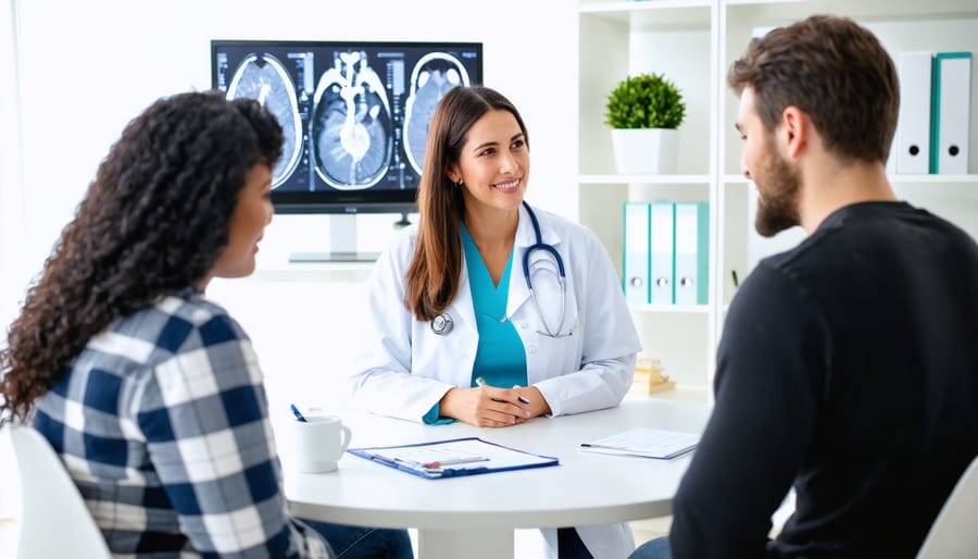 Healthcare professional discussing genetic testing results with a pregnant couple