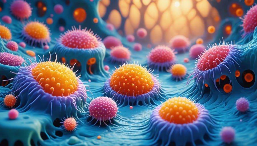 Microscopic view of colorful gut microbiome bacteria showing diverse bacterial species