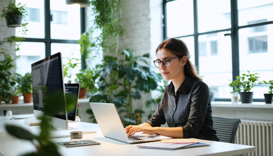 Modern office workspace featuring large windows, natural lighting, and indoor plants