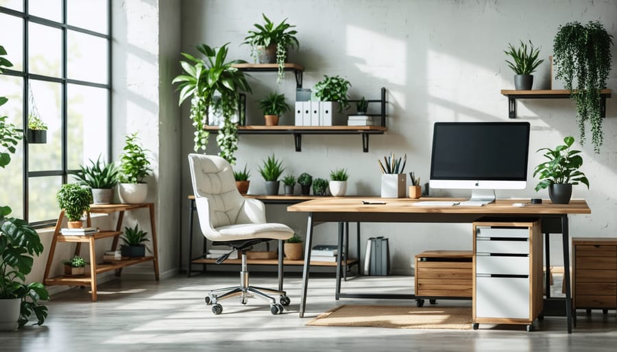 An ergonomic home office setup featuring natural light, plants, and proper workspace organization