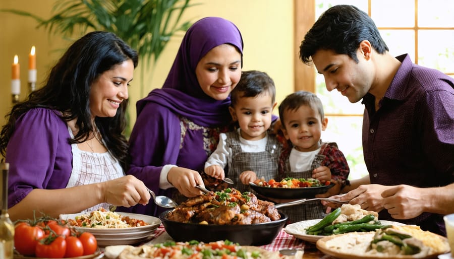 Multi-generational Hispanic family seated around a table with traditional Lenten foods including fish, vegetables, and bread