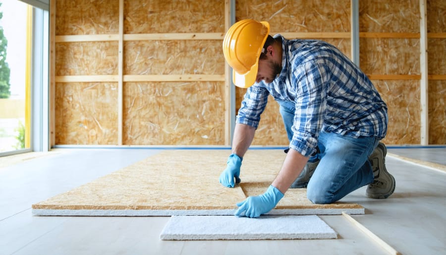 Individual installing acoustic panels and window treatments to reduce noise in a residential room