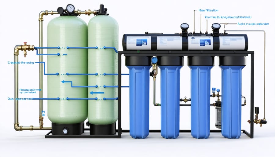 Detailed view of a residential water filtration system showing different stages of water treatment