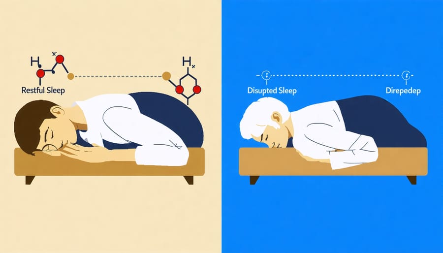 Split image showing peaceful sleep and restless sleep with hormone molecule representations