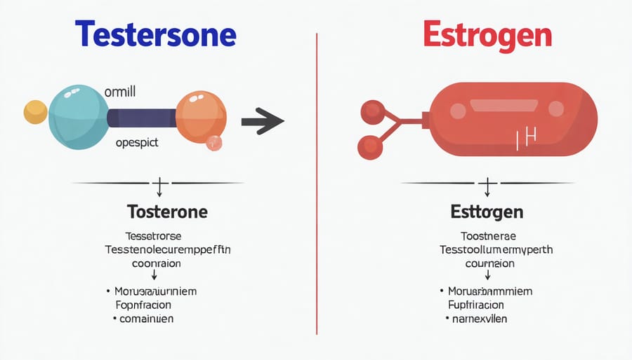 Side-by-side diagram of testosterone and estrogen hormones and their influence on metabolism