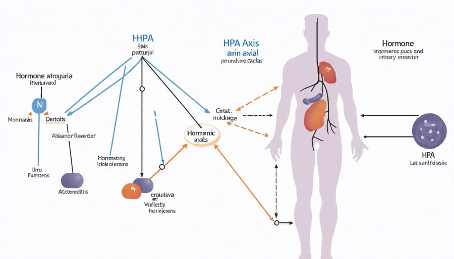 Anatomical illustration of the hypothalamic-pituitary-adrenal axis showing hormonal connections