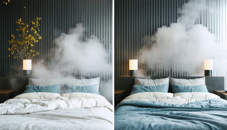 Comparison of high humidity (mold on walls) versus low humidity (cracked furniture) effects in bedroom