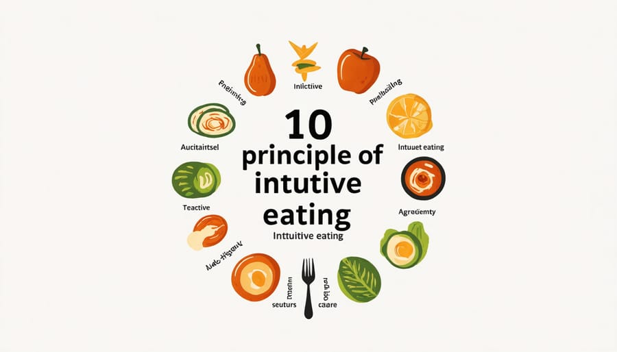 Circular diagram displaying the ten fundamental principles of intuitive eating